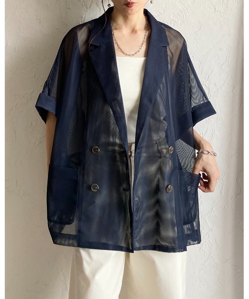 She's Closet(シーズクローゼット)の「半袖 オーバーサイズ ダブル シアー メッシュ テーラードジャケット(テーラードジャケット・レディース・オフホワイト/ベージュ/ブラック/ネイビー/モカ・FREE)」の9枚目の写真