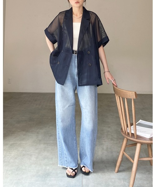 She's Closet(シーズクローゼット)の「半袖 オーバーサイズ ダブル シアー メッシュ テーラードジャケット(テーラードジャケット・レディース・オフホワイト/ベージュ/ブラック/ネイビー/モカ・FREE)」の14枚目の写真