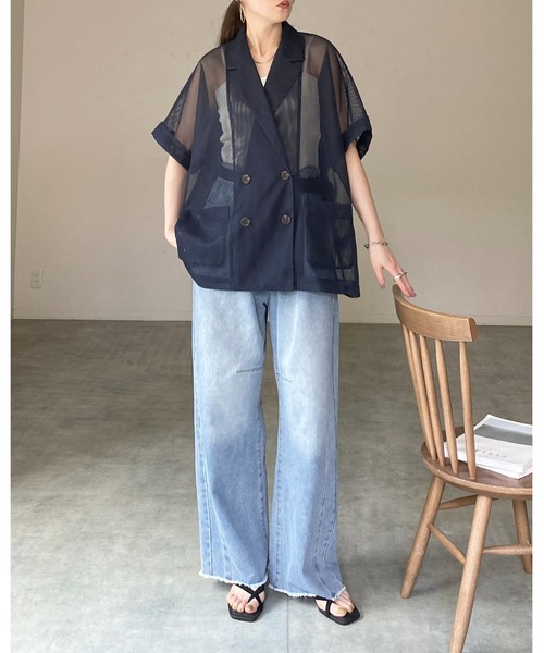 She's Closet(シーズクローゼット)の「半袖 オーバーサイズ ダブル シアー メッシュ テーラードジャケット(テーラードジャケット・レディース・オフホワイト/ベージュ/ブラック/ネイビー/モカ・FREE)」の15枚目の写真