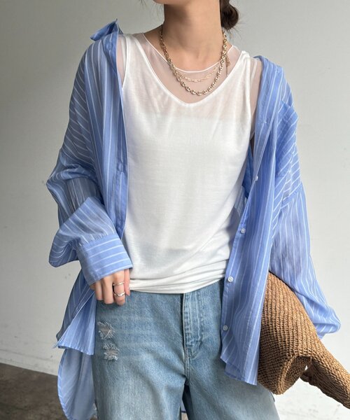 DouDou(ドゥドゥ)の「シアー切替タンク(Tシャツ/カットソー・レディース・ブラック/グリーン/グレー/オフホワイト・FREE)」の2枚目の写真