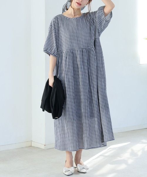 A HAPPY MARILYN(アハッピーマリリン)の「【風通るプレミアム】 綿 楊柳 五分袖 ウエスト切替 ワンピース(ワンピース・レディース・グリーン系/ブラック/グレー/チャコール/オレンジ/ネイビー/ロイヤルブルー/ブルー系/チェック・L~LL/3L~4L/5L~6L)」の9枚目の写真