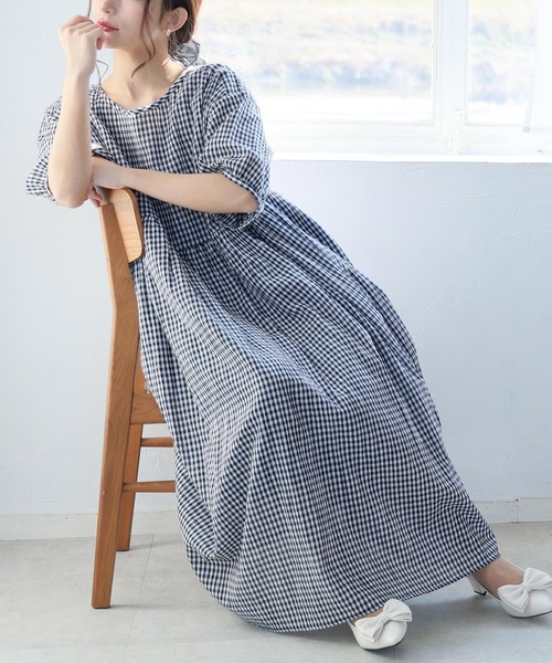 A HAPPY MARILYN(アハッピーマリリン)の「【風通るプレミアム】 綿 楊柳 五分袖 ウエスト切替 ワンピース(ワンピース・レディース・グリーン系/ブラック/グレー/チャコール/オレンジ/ネイビー/ロイヤルブルー/ブルー系/チェック・L~LL/3L~4L/5L~6L)」の20枚目の写真