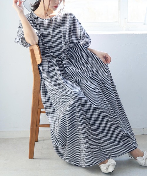 A HAPPY MARILYN(アハッピーマリリン)の「【風通るプレミアム】 綿 楊柳 五分袖 ウエスト切替 ワンピース(ワンピース・レディース・グリーン系/ブラック/グレー/チャコール/オレンジ/ネイビー/ロイヤルブルー/ブルー系/チェック・L~LL/3L~4L/5L~6L)」の21枚目の写真