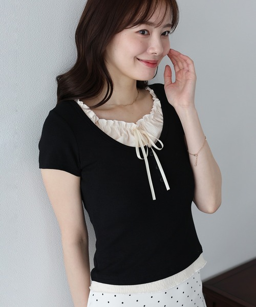 BLUEEAST(ブルーイースト)の「《新色追加》ギャザーリボンレイヤードTシャツ(Tシャツ/カットソー・レディース・チャコールグレー/ブラック/ブルー/ブラウン/レッド・MEDIUM)」の2枚目の写真