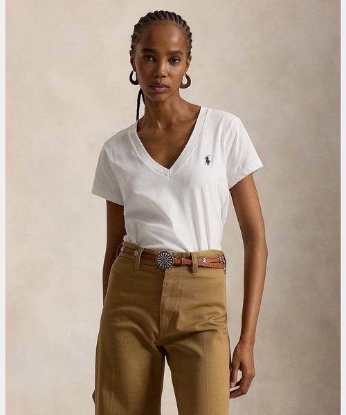 POLO RALPH LAUREN(ポロ ラルフ ローレン)の「コットン ジャージー Vネック Tシャツ(Tシャツ/カットソー・レディース・ホワイト・L/M/S/XL/XS)」の1枚目の写真