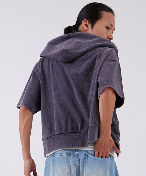 SIDEWAY STANCE（サイドウェイスタンス）の「【SIDEWAY STANCE】 オーバルロゴ刺しゅう ピグメント 半袖ジップアップパーカー（パーカー・メンズ・ブラック/ネイビー/ワイン・LARGE/MEDIUM/SMALL/X-LARGE）」の13枚目の写真