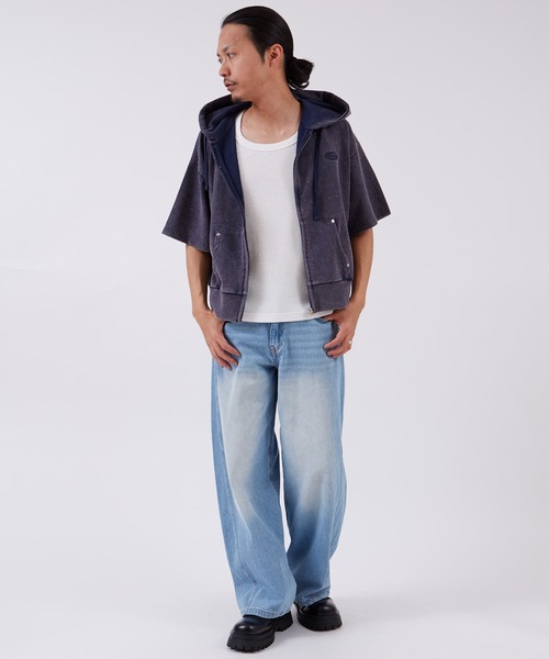 SIDEWAY STANCE（サイドウェイスタンス）の「【SIDEWAY STANCE】 オーバルロゴ刺しゅう ピグメント 半袖ジップアップパーカー（パーカー・メンズ・ブラック/ネイビー/ワイン・LARGE/MEDIUM/SMALL/X-LARGE）」の14枚目の写真