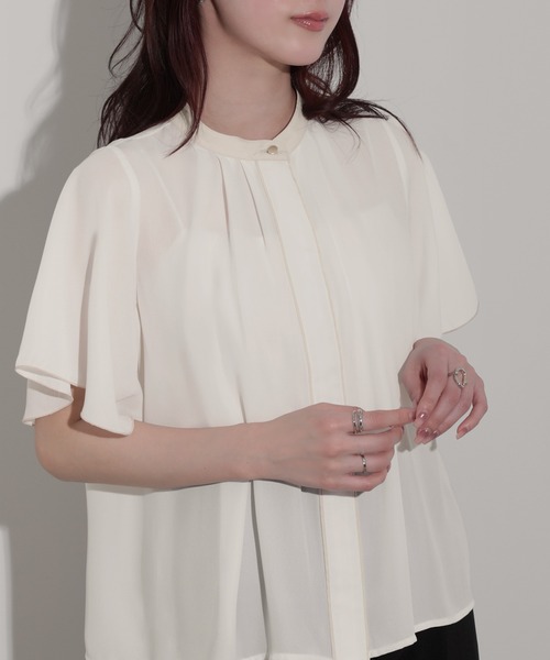 nouvellemoi（ヌーベルモイ）の「フロントタックバイカラーデザインラッフルスリーブブラウス（シャツ/ブラウス・レディース・オフホワイト/ネイビー/ライトベージュ/ピンク・M）」の6枚目の写真