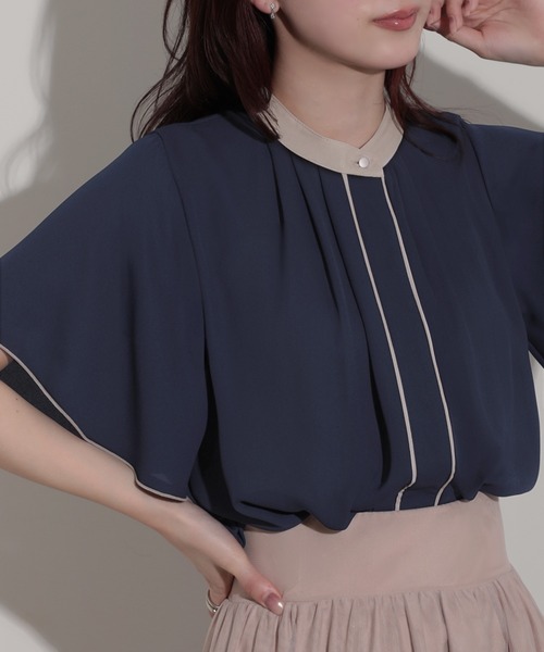 nouvellemoi（ヌーベルモイ）の「フロントタックバイカラーデザインラッフルスリーブブラウス（シャツ/ブラウス・レディース・オフホワイト/ネイビー/ライトベージュ/ピンク・M）」の12枚目の写真
