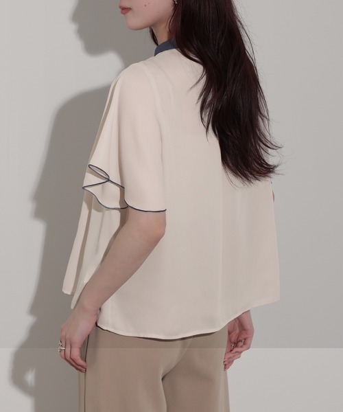 nouvellemoi（ヌーベルモイ）の「フロントタックバイカラーデザインラッフルスリーブブラウス（シャツ/ブラウス・レディース・オフホワイト/ネイビー/ライトベージュ/ピンク・M）」の19枚目の写真