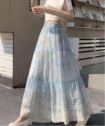 ウエストゴムレースデザインティアードスカート