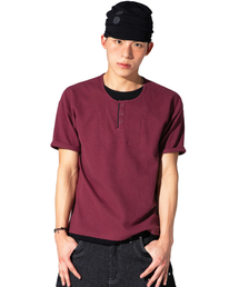 XTONZ（エクストーンズ）の「XTT158 レイヤードワッフルヘンリーネックTシャツ (バーガンディ)（Tシャツ/カットソー）」