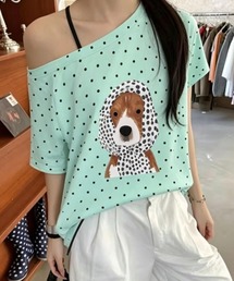 ドット柄ワンショルダープリントTシャツ／アニマル＆フルーツグラフィックトップス