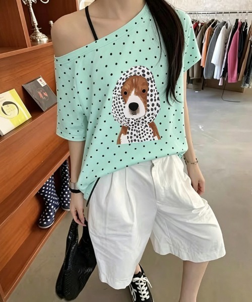 GEMEDA（ジェメダ）の「ドット柄ワンショルダープリントTシャツ／アニマル＆フルーツグラフィックトップス（Tシャツ/カットソー・レディース・ネイビー/グリーン/ホワイト・M）」の9枚目の写真