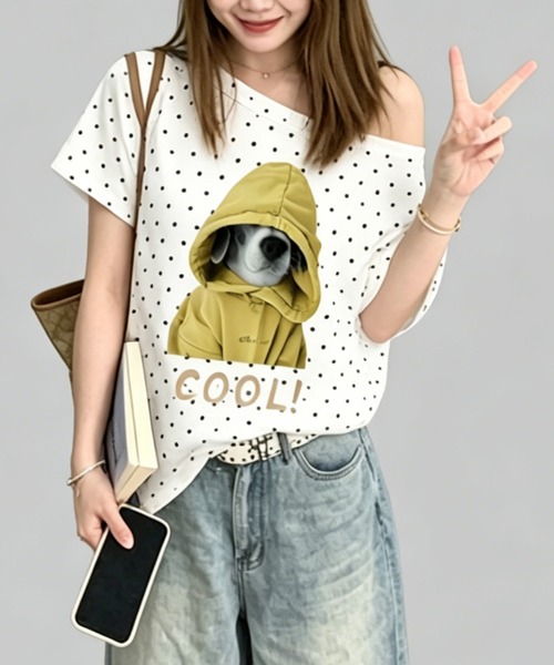GEMEDA（ジェメダ）の「ドット柄ワンショルダープリントTシャツ／アニマル＆フルーツグラフィックトップス（Tシャツ/カットソー・レディース・ネイビー/グリーン/ホワイト・M）」の13枚目の写真