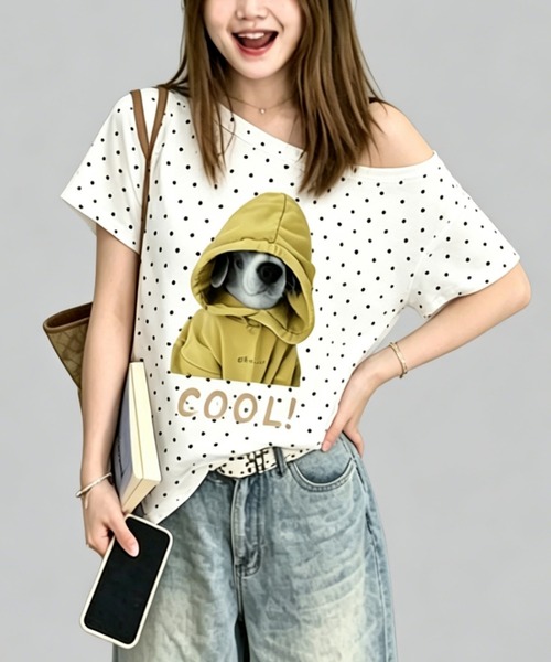 GEMEDA（ジェメダ）の「ドット柄ワンショルダープリントTシャツ／アニマル＆フルーツグラフィックトップス（Tシャツ/カットソー・レディース・ネイビー/グリーン/ホワイト・M）」の17枚目の写真