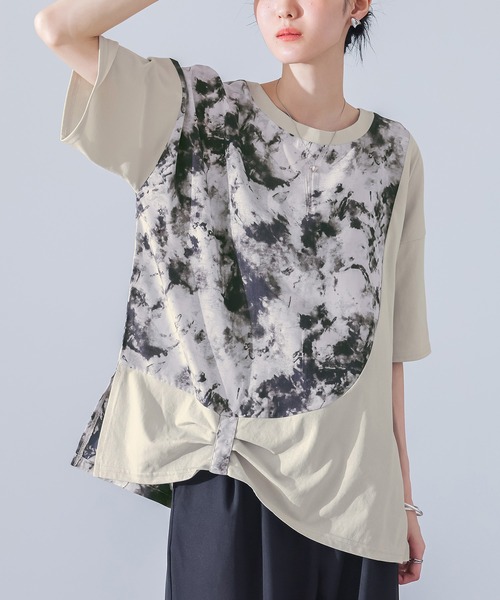 kOhAKU(コハク)の「【接触冷感】異素材ドッキングカットソー(Tシャツ/カットソー・レディース・ライトグレー/ブラック・FREE)」の1枚目の写真
