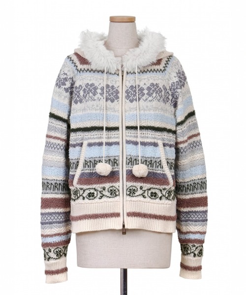 rurumu:(ルルムウ)の「rurumu:/ルルムウ/border knit fur hoodie(カーディガン/ボレロ・レディース・ブラック/ピンク/アイボリー・M/L)」の1枚目の写真