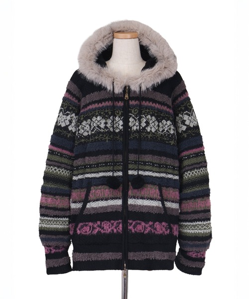 rurumu:(ルルムウ)の「rurumu:/ルルムウ/border knit fur hoodie(カーディガン/ボレロ・レディース・ブラック/ピンク/アイボリー・M/L)」の2枚目の写真