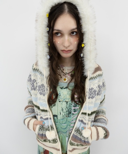 rurumu:(ルルムウ)の「rurumu:/ルルムウ/border knit fur hoodie(カーディガン/ボレロ・レディース・ブラック/ピンク/アイボリー・M/L)」の6枚目の写真
