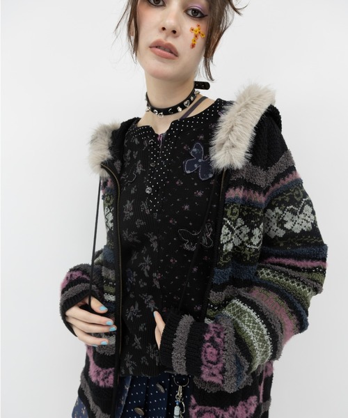 rurumu:(ルルムウ)の「rurumu:/ルルムウ/border knit fur hoodie(カーディガン/ボレロ・レディース・ブラック/ピンク/アイボリー・M/L)」の15枚目の写真