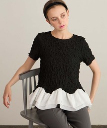【BONLECILL noir】フリルヘムドッキングストレッチレース半袖プルオーバー
