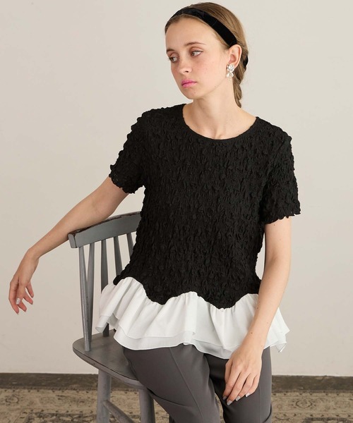 BONLECILL noir(ボンルシールノワール)の「【BONLECILL noir】フリルヘムドッキングストレッチレース半袖プルオーバー(Tシャツ/カットソー・レディース・ブラック/アイボリー・FREE)」の17枚目の写真