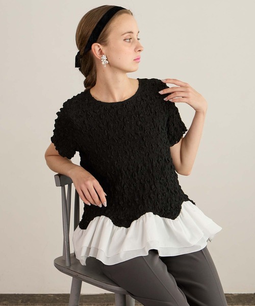 BONLECILL noir(ボンルシールノワール)の「【BONLECILL noir】フリルヘムドッキングストレッチレース半袖プルオーバー(Tシャツ/カットソー・レディース・ブラック/アイボリー・FREE)」の18枚目の写真