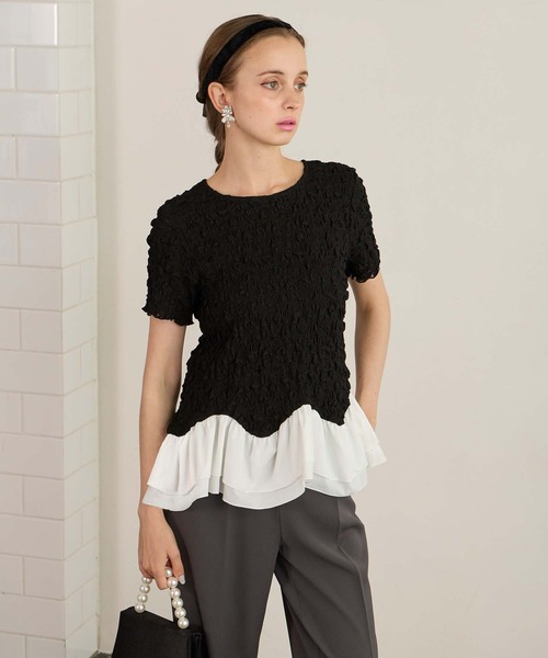 BONLECILL noir(ボンルシールノワール)の「【BONLECILL noir】フリルヘムドッキングストレッチレース半袖プルオーバー(Tシャツ/カットソー・レディース・ブラック/アイボリー・FREE)」の19枚目の写真