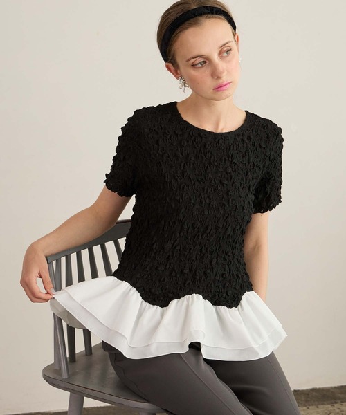 BONLECILL noir(ボンルシールノワール)の「【BONLECILL noir】フリルヘムドッキングストレッチレース半袖プルオーバー(Tシャツ/カットソー・レディース・ブラック/アイボリー・FREE)」の22枚目の写真