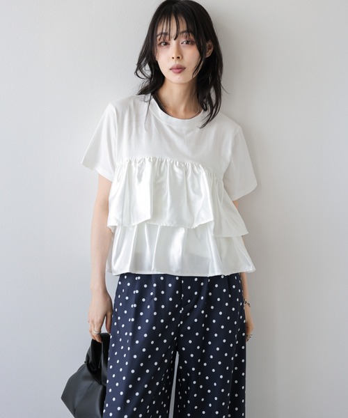 AMELY（エミリー）の「フリル×ドットパンツセットアップ（セットアップ・レディース・グレー系その他/ホワイト×ネイビー・M/L）」の3枚目の写真