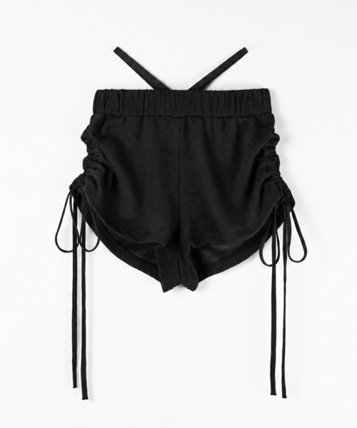 me+em select(ミームセレクト)の「【 2color 】サイドシャーリングストリングショートパンツ / side shirring string short pants(スウェットパンツ・レディース・ブラック/グレー・FREE)」の3枚目の写真