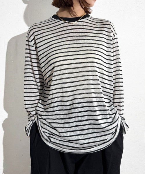 MAISON SELECT(メゾンセレクト)の「6C74 ロングスリーブ ボーダーシアーカットソー(Tシャツ/カットソー・レディース・ブラック/レッド/ネイビー・FREE)」の2枚目の写真