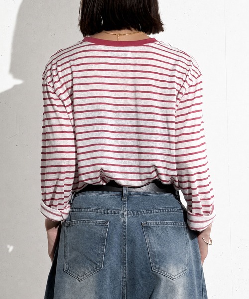 MAISON SELECT(メゾンセレクト)の「6C74 ロングスリーブ ボーダーシアーカットソー(Tシャツ/カットソー・レディース・ブラック/レッド/ネイビー・FREE)」の6枚目の写真