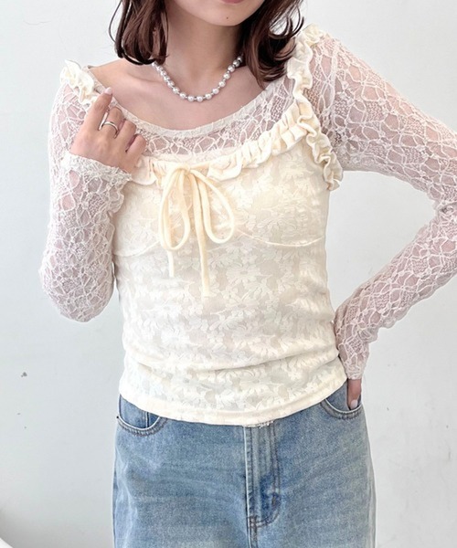 merrylatte(メリーラテ)の「Uネックレースカットソー【TUNE】(Tシャツ/カットソー・レディース・ホワイト・FREE)」の1枚目の写真