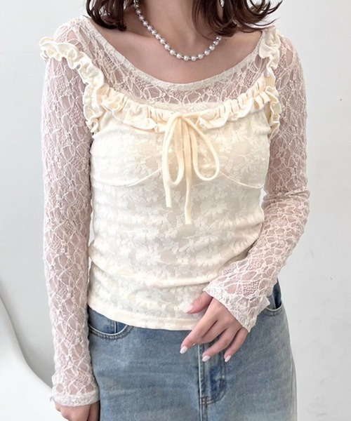 merrylatte(メリーラテ)の「Uネックレースカットソー【TUNE】(Tシャツ/カットソー・レディース・ホワイト・FREE)」の2枚目の写真