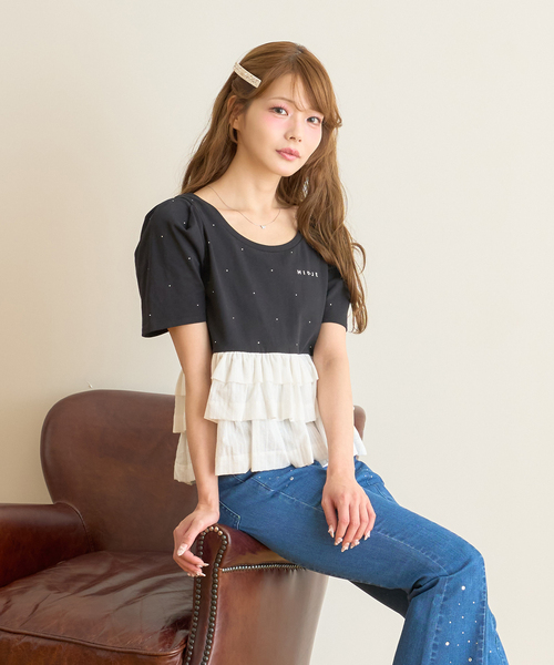 Mi-je(ミジェ)の「ペプラムストーンTシャツ(Tシャツ/カットソー・レディース・アイボリー/ブラック・F)」の4枚目の写真