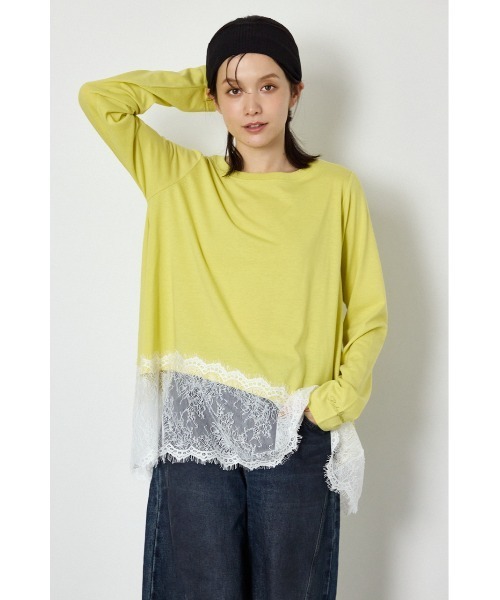 RODEO CROWNS WIDE BOWL(ロデオクラウンズワイドボウル)の「レースドッキングロングスリーブTシャツ(Tシャツ/カットソー・レディース・ライム/ホワイト/ブラック・FREE)」の1枚目の写真