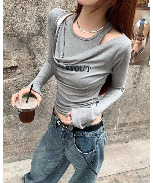 inst.ALL(インストール)の「ロゴプリントレイヤードドレープトップス(Tシャツ/カットソー・レディース・グレー・M)」の13枚目の写真