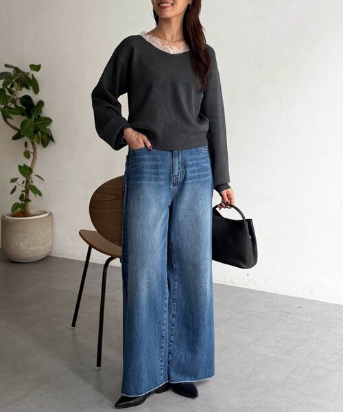Chez toi(シェトワ)の「首元レースドッキングニットプルオーバー(ニット/セーター・レディース・オフホワイト/ネイビー/チャコールグレー・FREE)」の11枚目の写真