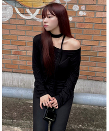SCARF HENLEY NECK L/S TEE(BLACK)
