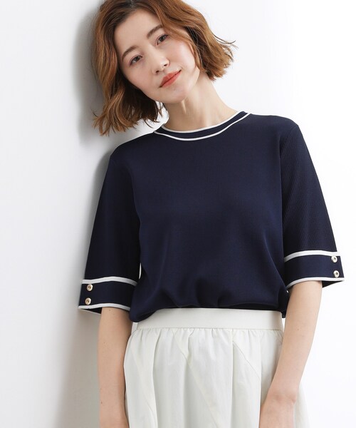 grove(グローブ)の「やわらかドライタッチ 袖メッシュ編みニット(ニット/セーター・レディース・オフホワイト/ブラック系4/グレー/レッド系/ネイビー・03/02/01/05/04)」の1枚目の写真