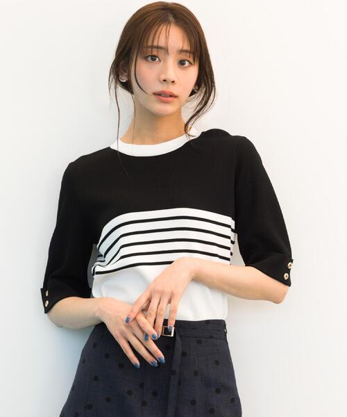 grove(グローブ)の「やわらかドライタッチ 袖メッシュ編みニット(ニット/セーター・レディース・オフホワイト/ブラック系4/グレー/レッド系/ネイビー・03/02/01/05/04)」の6枚目の写真