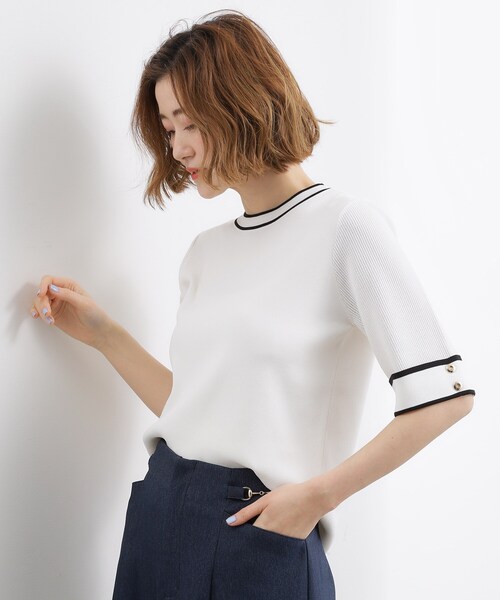 grove(グローブ)の「やわらかドライタッチ 袖メッシュ編みニット(ニット/セーター・レディース・オフホワイト/ブラック系4/グレー/レッド系/ネイビー・03/02/01/05/04)」の8枚目の写真