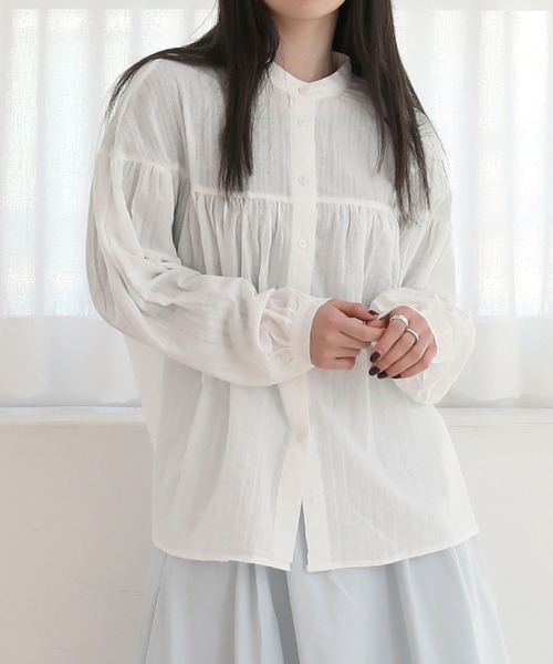 シャツ ブラウス コットンストライプ　シャーリングシャツ レディース セールコットンストライプ シャーリングシャツ（シャツ⁄ブラウス