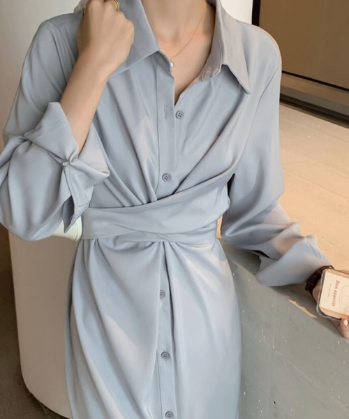 Bifrost（ビフレスト）の「ウエストクロスシャツワンピース（シャツワンピース・レディース・ボルドー/ベージュ/グレー/ライトブルー・F）」の3枚目の写真