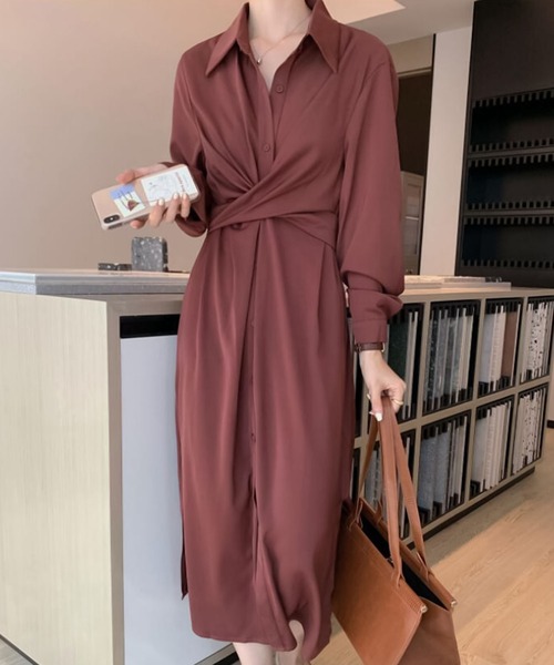 Bifrost（ビフレスト）の「ウエストクロスシャツワンピース（シャツワンピース・レディース・ボルドー/ベージュ/グレー/ライトブルー・F）」の12枚目の写真