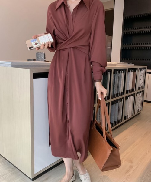 Bifrost（ビフレスト）の「ウエストクロスシャツワンピース（シャツワンピース・レディース・ボルドー/ベージュ/グレー/ライトブルー・F）」の13枚目の写真