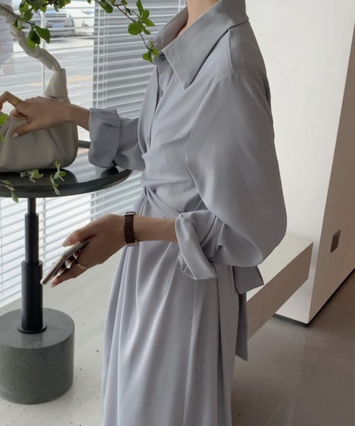 Bifrost（ビフレスト）の「ウエストクロスシャツワンピース（シャツワンピース・レディース・ボルドー/ベージュ/グレー/ライトブルー・F）」の10枚目の写真