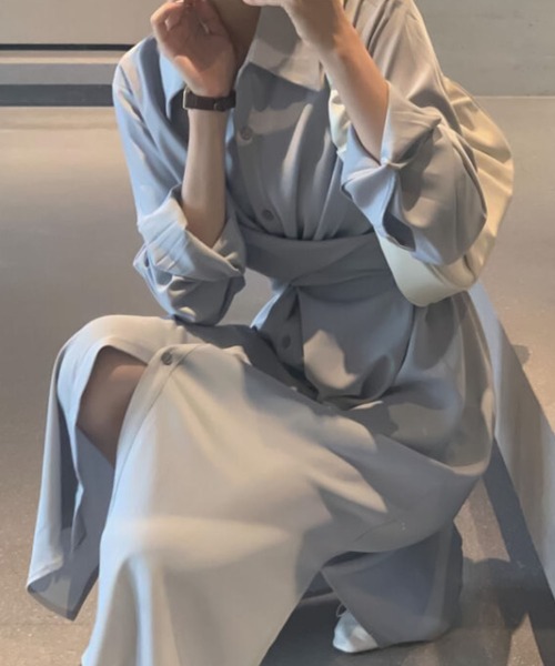 Bifrost（ビフレスト）の「ウエストクロスシャツワンピース（シャツワンピース・レディース・ボルドー/ベージュ/グレー/ライトブルー・F）」の11枚目の写真